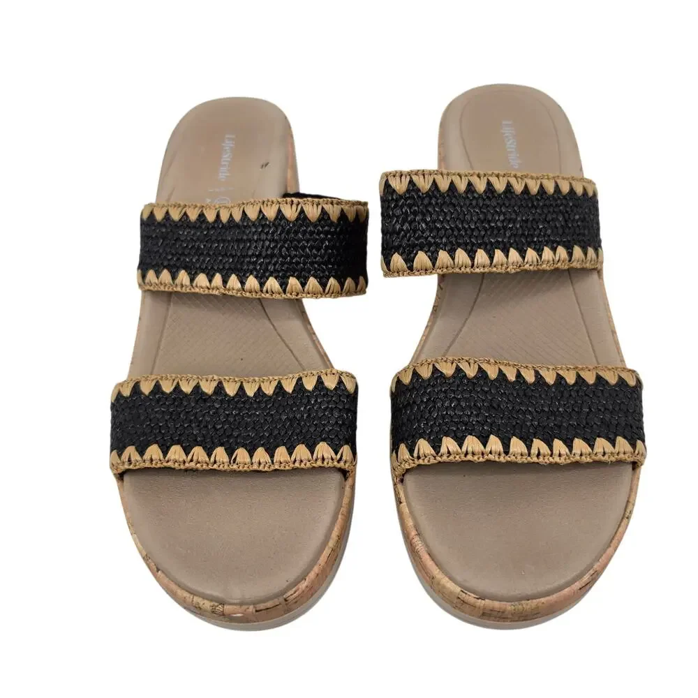 NWOT Life Stride X BZees Black Resort Platform Cork Wedge Slip On Sandals Size 9